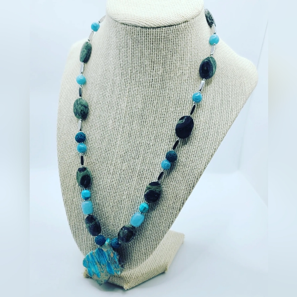 Faceted Seraphinite, Aquamarine, Turquoise charm necklace